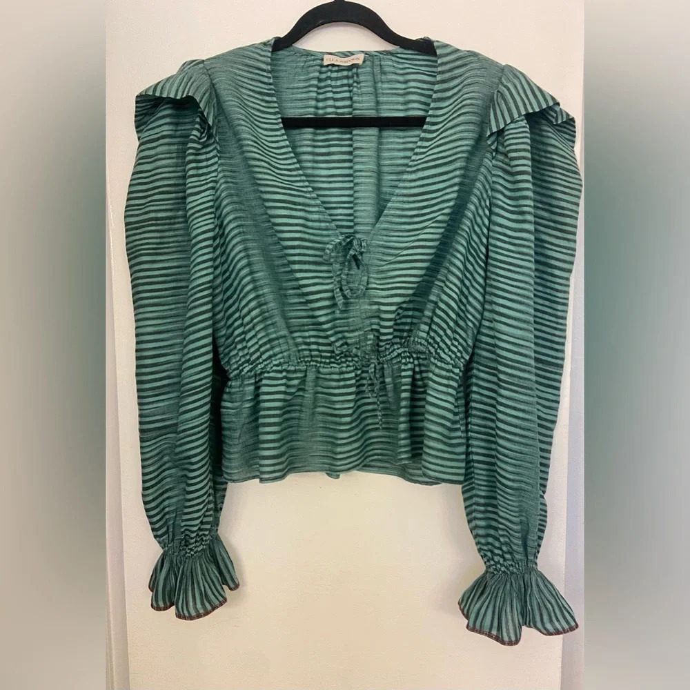 Ulla Johnson Ophelia Ruffle Tie Blouse Stripe Green Size 2 - Picture 3 of 7